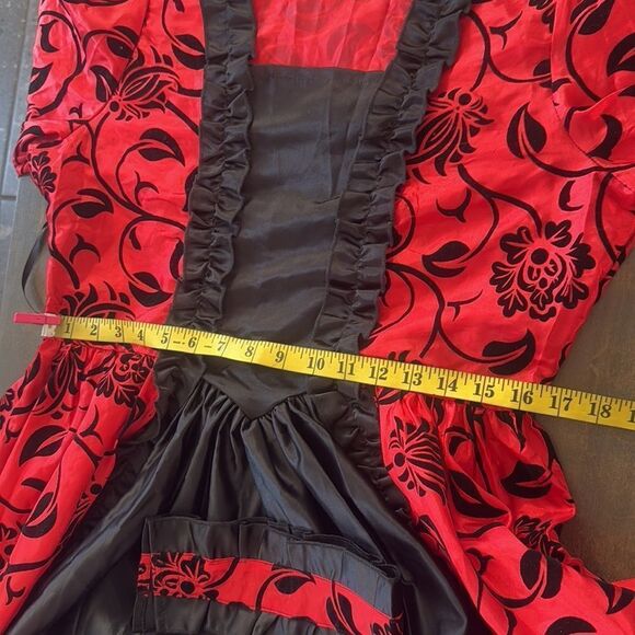 Victorian Dress Red Bow Floral Print Square Neckline Long Sleeves Matte - Picture 15 of 16